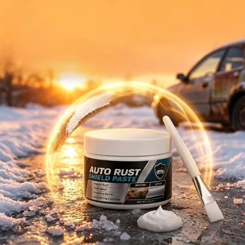 Auto Rust Shield Paste displayed in snowy winter conditions