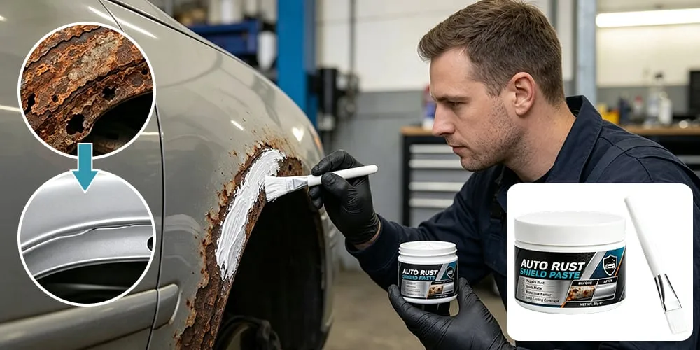 Mechanic applying brush-on rust repair paste to a rusted car wheel arch