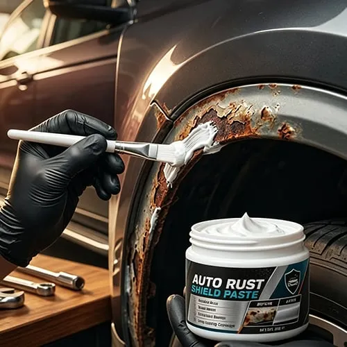 Brush-on rust repair paste applied to a vertical wheel arch