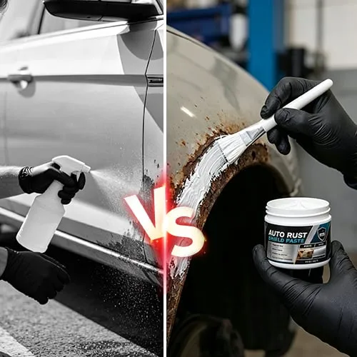 Comparison of aerosol rust spray and brush-on automotive rust repair paste