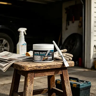Rust repair coating product on a workshop stool