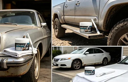 Auto Rust Shield Paste displayed with different vehicles